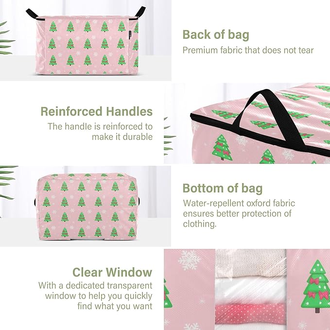 Burbuja Christmas Tree Clothes Storage Bag with Lids and Handle, 2 Pack Foldable Blanket Storage Container with Sturdy Zipper & Clear Window for Bedroom Closet, 60L