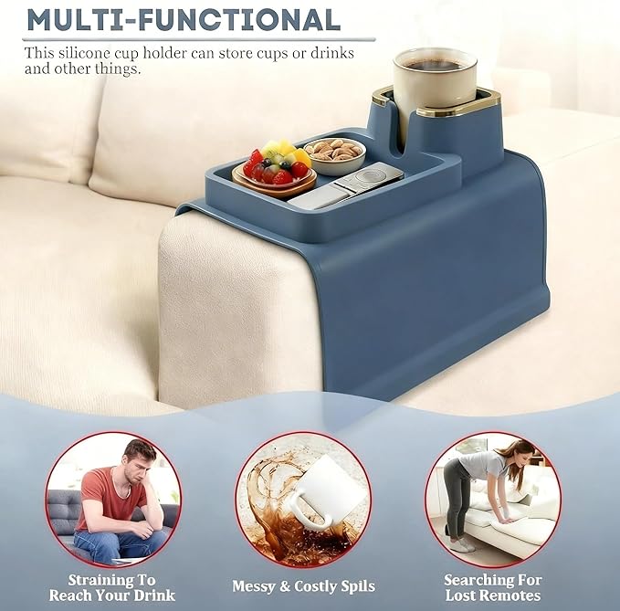 Luxury Gold Trim Couch Cup Holder Tray - Weighted Silicone Anti-Spill Sofa Armrest Organizer, Non-Slip Recliner Tray Table for Drinks, Remote, Phone - Fits Most Couch Arms, Home Gift