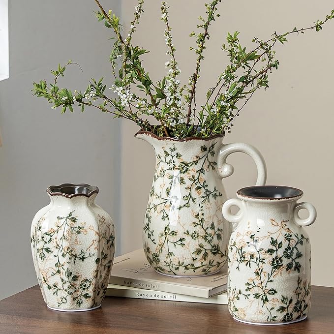for Mom from Daughter or Son, Ceramic Vase Set of 3, Green Chinoiserie Floral Pitcher Vases, Vintage Farmhouse Decor for Mantel, Fireplace, Kitchen Counter, Living Room, Bookshelf