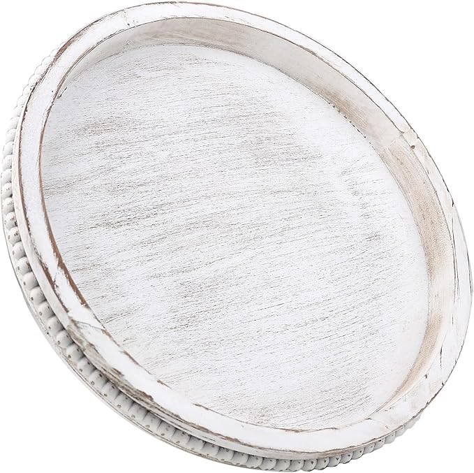 Hrastany Round Wood Serving Tray with Beaded, 13” Rustic Wooden Decorative Coffee Table Tray for Centerpiece, Ottoman, Farmhouse Circle Trays for Counter, Living Room, Home Decor (Whitewashed)