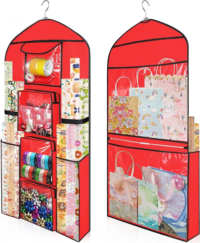 Woodoulogy Hanging Gift Wrapping Paper Storage, 48x24 (Extra Large) Red Double-Sided Christmas Wrapper Bag Container, Oxford Long Craft Roll Organizer, Present Wrap Holder for Closet, Door
