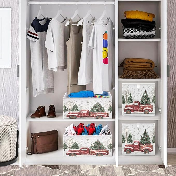 Red Truck Christmas Tree Fabric Storage Cubes Sturdy Shelf Closet Organizer Bin Decorative Storage Basket Box for Living Room Bathroom, 11x11 Inch