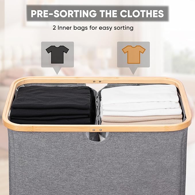BALEINE Laundry Hamper with Lid, Tall Laundry Baskets with Bamboo Pull Handles, Large Laundry Bin with Internal Support (36 Gal/140L, Grey)