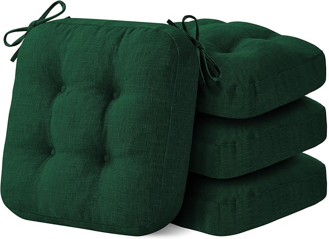 IASEAHK Chair Cushions for Dining Chairs, Dining Chair Cushions, Tufted Indoor Chair Pads with Ties & Non Slip Backing, Seat Cushions for Kitchen Chairs 16.5” x 16.5” x 3.5”, Set of 4, Green