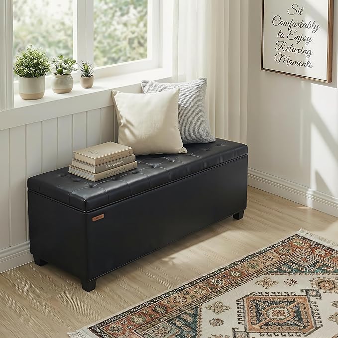 ABHENG Synthetic leather Storage ottoman bench with legs,43.5”W x 15.7”D x 15.7”H,metal frame end of bed bench hold up to 770 LB,Large Storage Chest hold up to 770 LB,Black UASND622B
