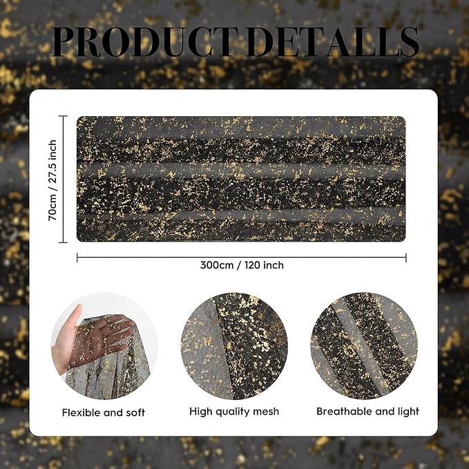 Artoid Mode Black Gold Gauze Table Runner 120 Inch 10FT, Glitter Metallic Foil Sheer Dining Wedding Anniversary Holiday Birthday Table Decor for Home Party