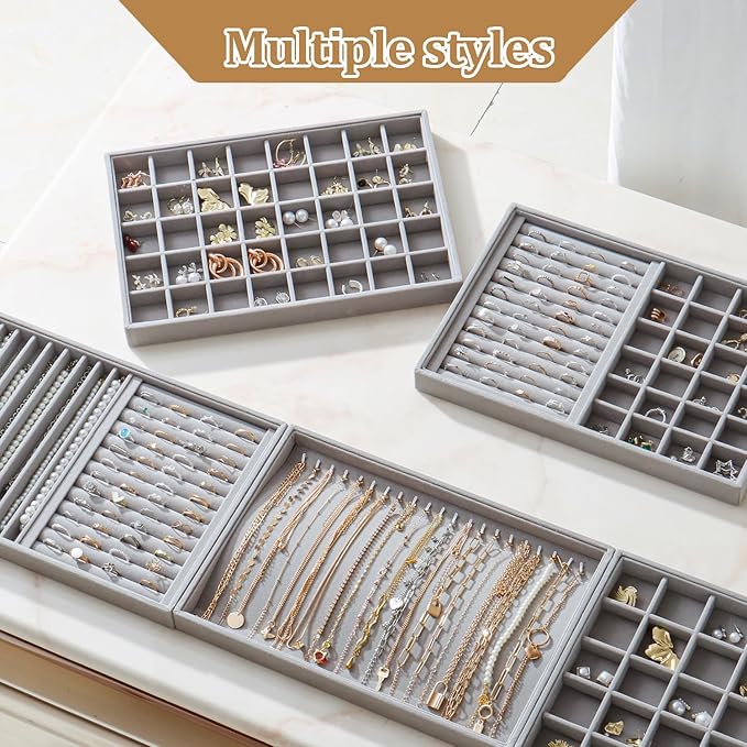 Large Velvet Jewelry Tray 2 Pack Stackable Jewelry Display Drawer Inserts Trays Organizer for Earring Bracelet Necklace Ring (Gray, Ring and 9 Grids)