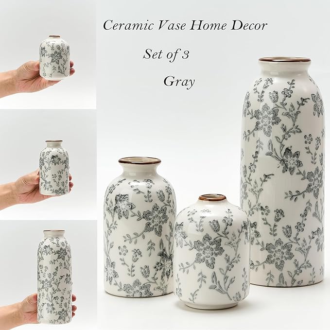 Ceramic Flower Decorative Antique Vase Set of 3, Vintage Rustic Chinoiserie Floral Vase for Home Decor, Living Room, Bookshelf, Office, Entryway, Garden, Chinoiserie Decor, Tuscan Decor- Gray