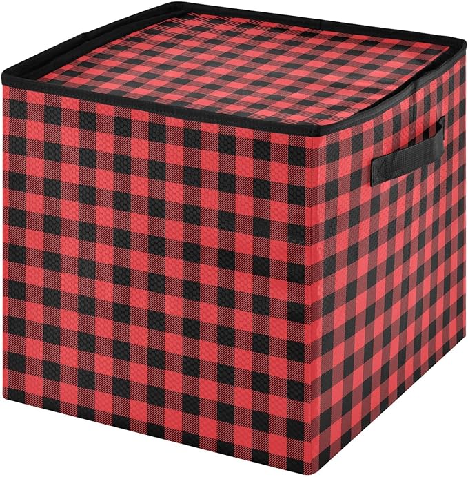 Red Buffalo Plaid Christmas Ornament Storage Basket Box Winter Xmas Holiday Storage Container Cube with Adjustable Dividers for 64 Holiday Ornaments or Decorations Keeps Clean and Dry for Next Season
