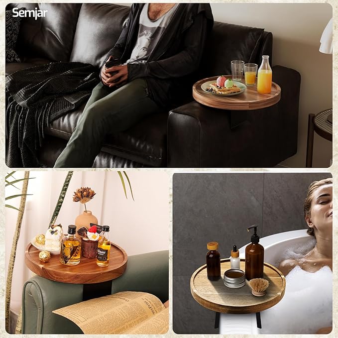 Acacia Wood Couch Arm Tray Table,Anti-Slip Adjustable Round Sofa Arm Tray,Wooden Armrest Caddy Table for Couches,Arm Chair Companion for Drinks Cellphone TV Remote Snacks