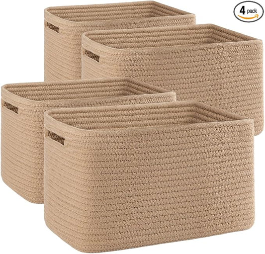 4 Pack Storage Baskets for Organizing, Woven Baskets for Shelves - Perfect for Toys, Books, Towels, and Clothes, Durable Gift Basket Bins Toy Storage, 12.7''L x9''W x7.8''H, Jute