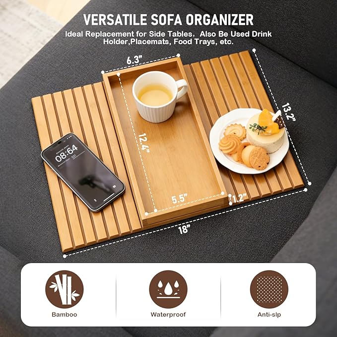 Bamboo Sofa Armrest Tray, Foldable Couch Arm Table with Anti-Slip & Waterproof Design, Versatile Sofa Arm Organizer for Drinks, Snacks, Remote Control, Fits Most Sofa Arm Widths (Bamboo)