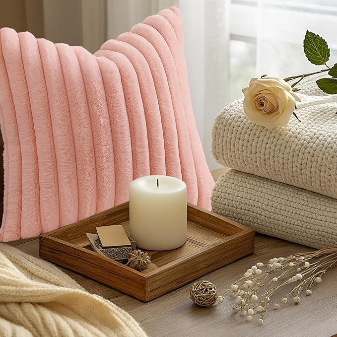 decorUhome Summer Cozy Faux Fur Throw Pillow Covers 18x18 Set of 2 Decorative Plush Striped Modern Farmhouse Boho Couch Pillow Cases with Velvet Back for Sofa Bed Living Room, Blush Pink