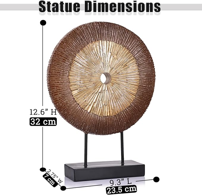 12" Tall Abstract Brown Gold Round Sculpture - Unique Wood Color Home Decoration for Above Cupboard Decor, Living Room Coffee Table, Console, Office, Entrance, Table Centerpieces (Brown Gold)