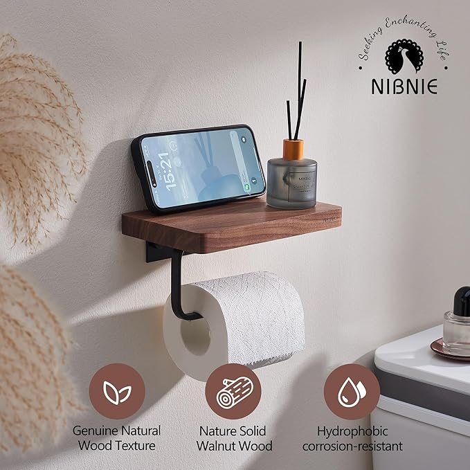 Walnut Wood Toilet Paper Holder with Phone Shelf, Adhesive or Drill Installation Bathroom Washroom Wall Mount Wooden Toilet Tissue Roll Holder with Shelf for Hold Wipes, Cell Phone (Flat)