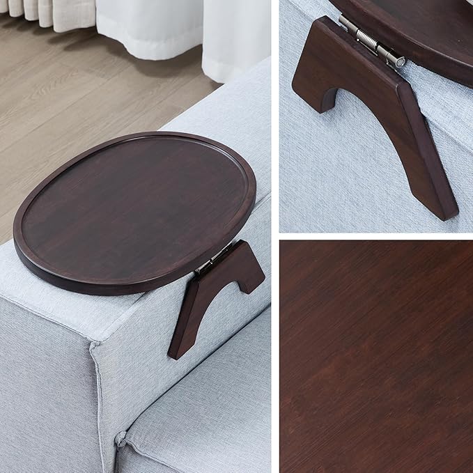 DETOR Clip-On Couch Armrest Table, 13.4" x 10" Oval Shape, Mahagony Bamboo Finish, Stainless Steel Hinges, Odor-Free Non-Slip Pads, Fits 6"–10" Armrests