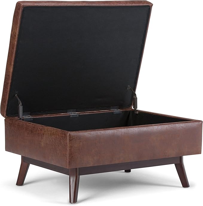 SIMPLIHOME Owen Coffee Table Storage Ottoman - 34" Wide x 19" High Upholstered Vegan Leather Rectangular Lift-Top Ottoman in Distressed Saddle Brown, Mid-Century Modern Bench with Tapered Legs