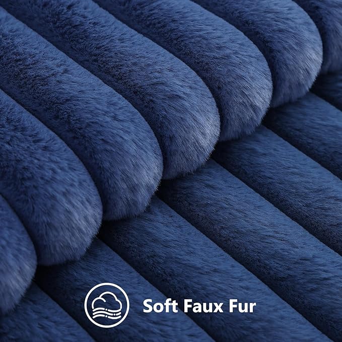 decorUhome Cozy Faux Fur Throw Pillow Covers 12x12 Set of 2 Decorative Soft Plush Striped Modern Farmhouse Boho Couch Pillow Cases with Velvet Back for Sofa Bed Living Room, Navy Blue
