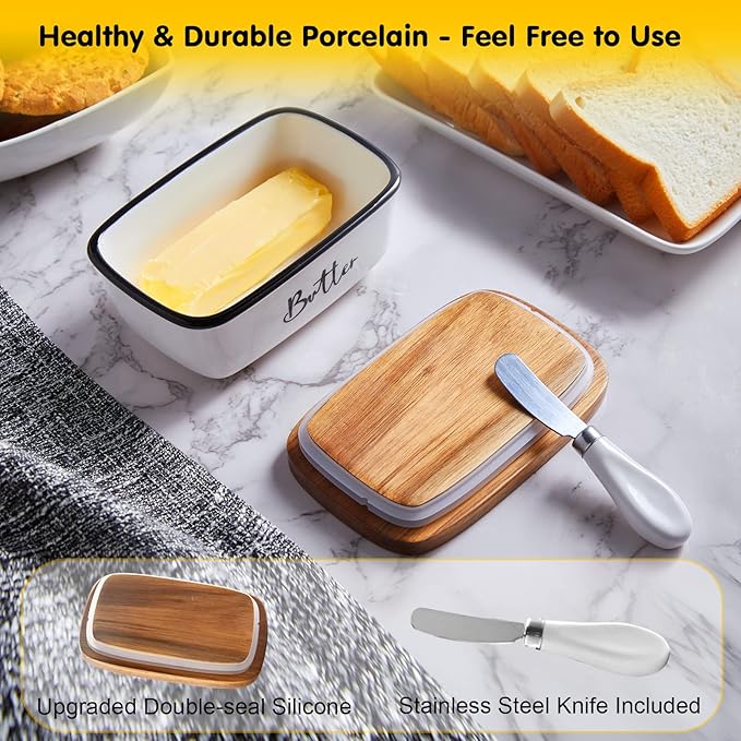 Ceramic Butter Dish with Lid and Knife for Countertop, Airtight Butter Keeper for Counter or Fridge, Butter Container with Thick Acacia Wood Lid, for Farmhouse Kitchen Decor and Accessories, White
