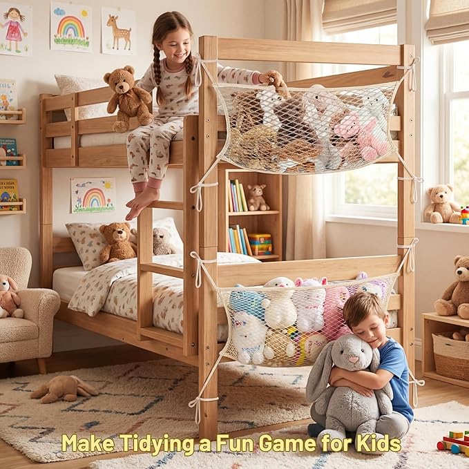 2 Pack Stuffed Animal Storage Net for Kids, Bedside Toy Organizer Net - Neatly Store Your Stuffed Animals, Cotton Bedside Stuffed Animal Storage Net with Tether, Stretches up to 35 Inches, Beige