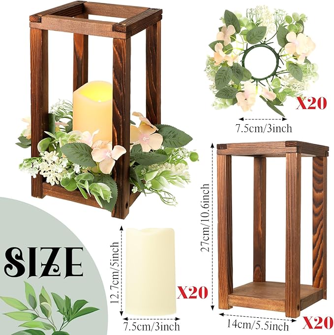 Hushee 60 Pcs Wooden Wedding Lantern Centerpiece Integrated Holders with Candles and Wreaths Rustic Wooden Candle Lantern Decor for Wedding Party Table Valentine Decor (Brown)