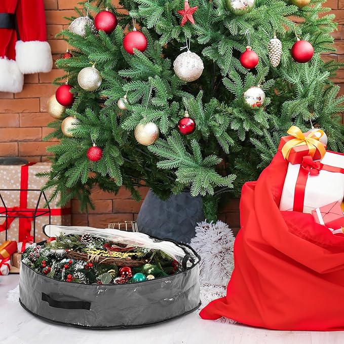 Aliceset 4 Pack Wreath Storage Containers, Ornament Garland Wreath Storage Bags with Handle Zipper Decorative Storages Box for Winter Valentine Wreaths(24 x 24 x 7.8 Inch,Gray)