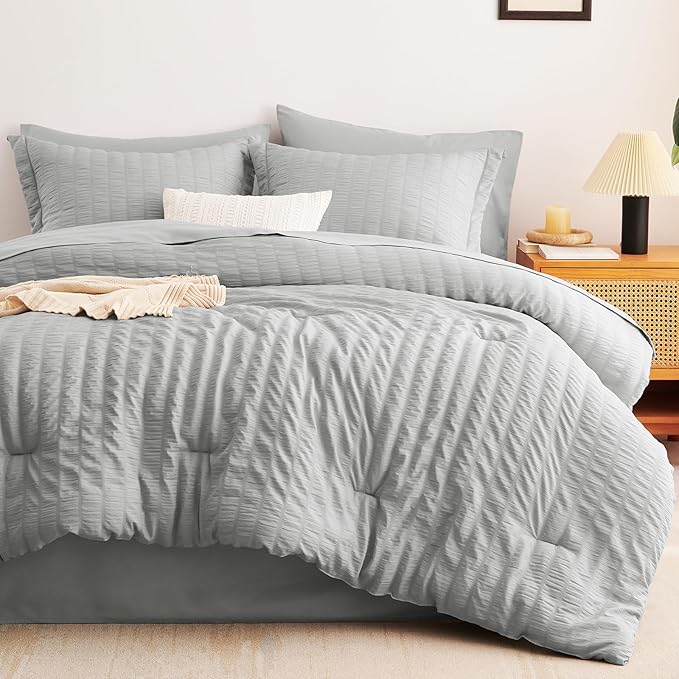 CozyLux Oversized King Comforter Set Light Grey Seersucker 7 Pieces 120x98 Bed in a Bag Comforter Set with Sheets, Light Gray Luxury Bedding Set Down Alternative Comforter, Sheets, Pillowcases & Shams