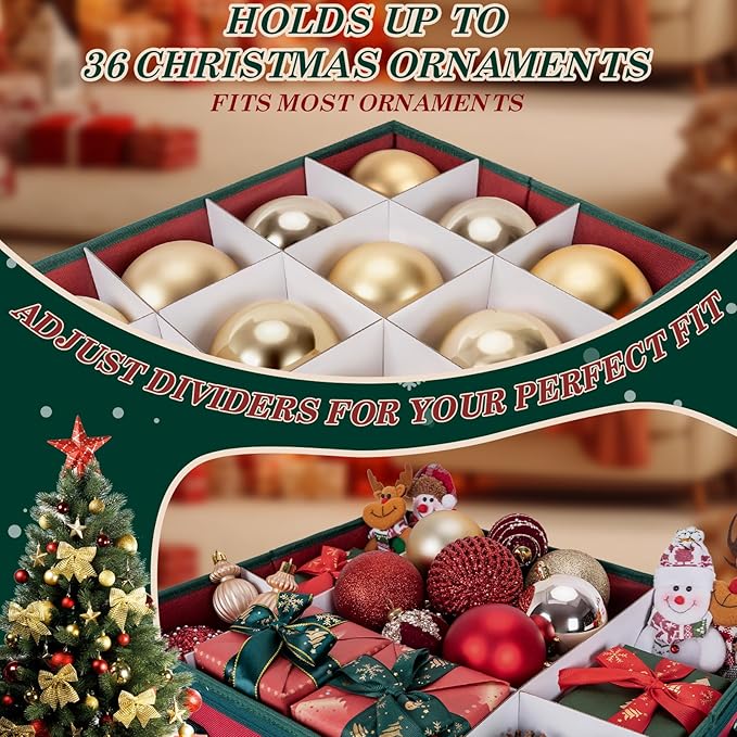 Christmas Ornament Storage Box with Adjustable Dividers Zippered Top Stores up to 36 Holiday Ornaments (4 Inch) Xmas Ball Decorations Organizer Storage Container Bin