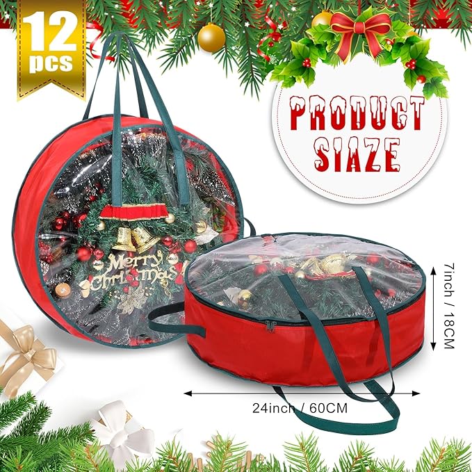 Shappy 12 Pcs Red Wreath Storage Bag Clear Wreath Box Storage Containers with Clear Window and Handle Garland Containers for Holiday Seasonal Bags (24 Inch)
