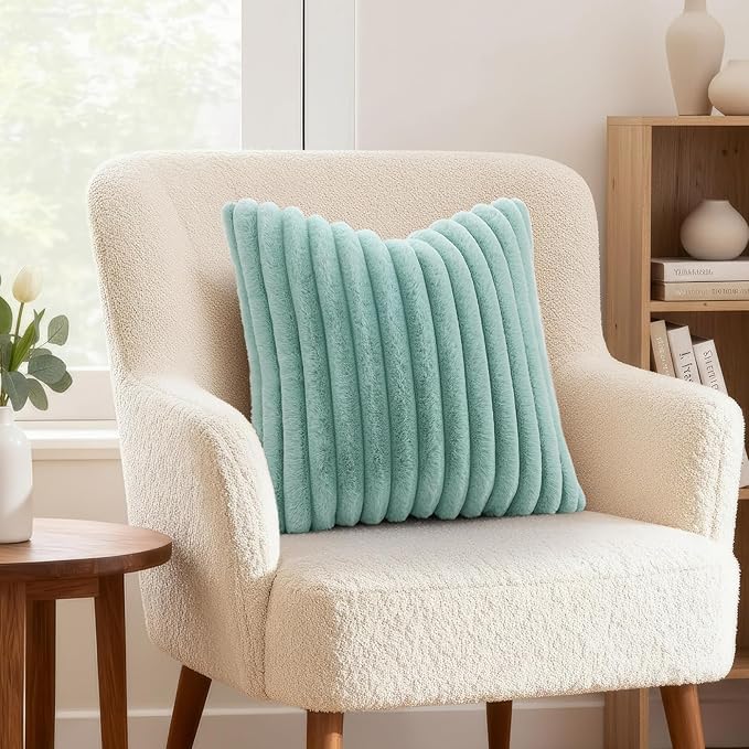 decorUhome Summer Cozy Faux Fur Throw Pillow Covers 16x16 Set of 2 Decorative Soft Plush Striped Modern Farmhouse Boho Couch Pillow Cases with Velvet Back for Sofa Bed Living Room, Aqua