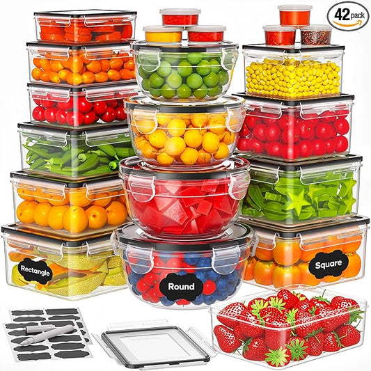 42 PCS Food Storage Containers with Lids (21 Containers & 21 Lids) - Reusable Plastic Food Containers for Kitchen Storage and Organization BPA-Free Leakproof Meal Prep Container with Labels & Pen