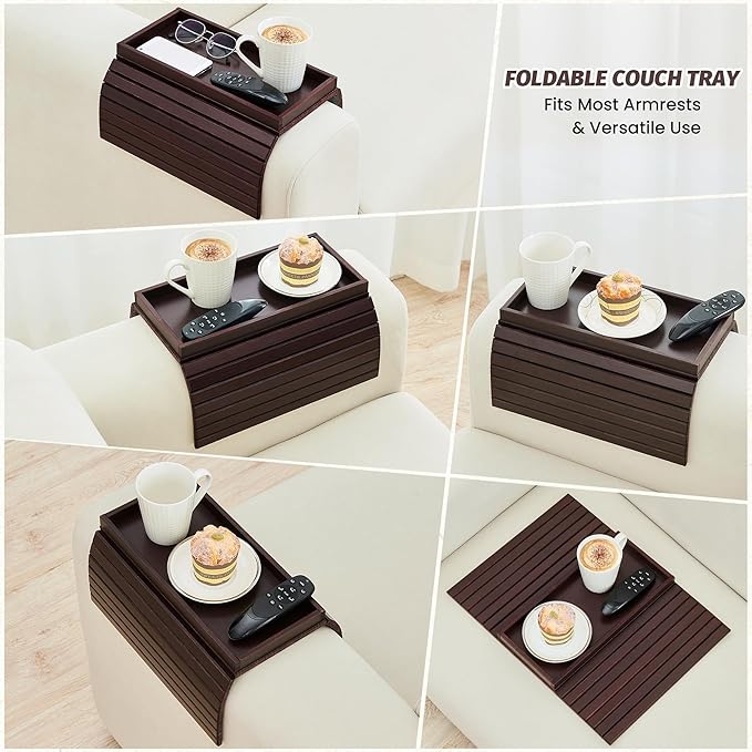 GEHE Bamboo Sofa Arm Tray, Foldable Couch Arm Tray Side Table, Anti-Falling Armrest Tables Cup Holder for Snacks, Drinks, Beers, Phone, Control, Flexible and Portable, Anti-Slip