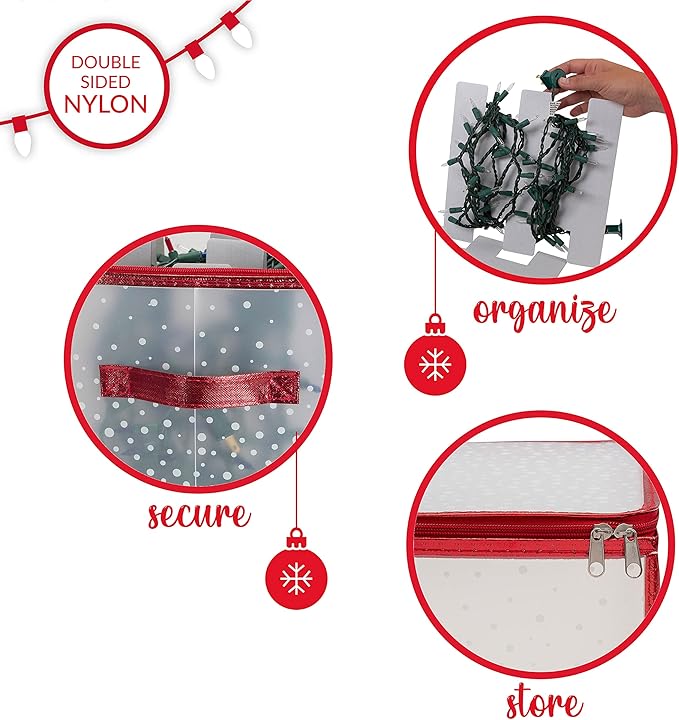 Simplify Holiday Light Organizer Box | Holds 500 Lights | Christmas Storage | Tree String Lights | 5 Divider Reels | Collapsible | Ultra Zip | Red