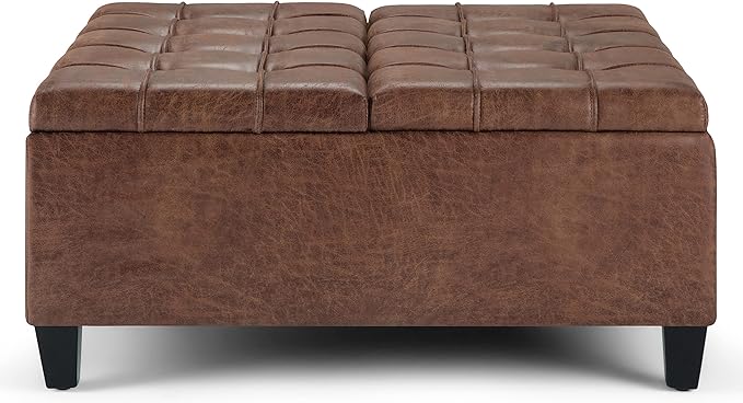 SIMPLIHOME Harrison Coffee Table Storage Ottoman - 36 inch Wide Upholstered Vegan Leather Square Lift-Top Ottoman in Distressed Umber Brown, Transitional Ottoman for Living Room with Storage
