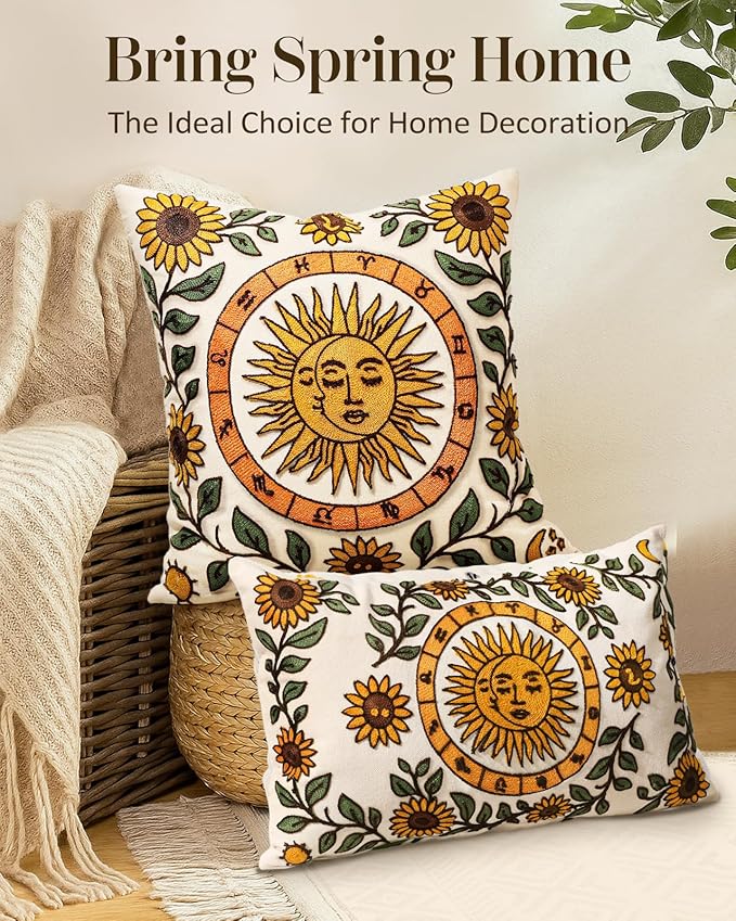 Embroidered Lumbar Pillow Cover 20x12 Inch - Spring Summer Boho Decorative Pillow Cover with Zipper for Living Room Couch Sofa Bed Aesthetic Design Sunflower Moon Cushion Pillowcase