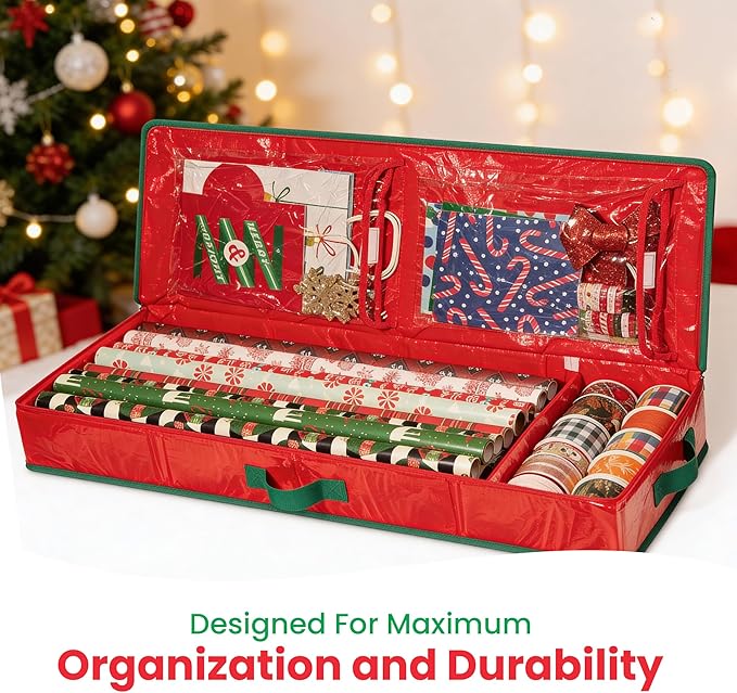 Handy Laundry Gift Wrap Storage Organizer, Easily organize Wrapping Paper, Ribbons, Bows, Scissors, Fits 18-24 Standard Rolls, Keeps Gift Supplies in Perfect Condition & Ready for Next Season, (Red)