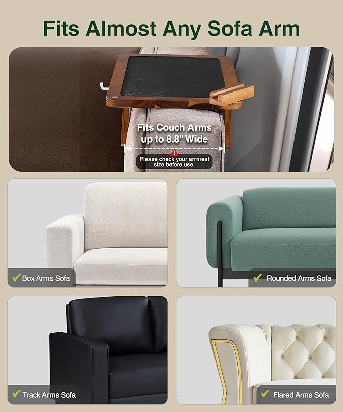 Acacia Couch Arm Tray Table – 2 in 1 Adjustable Couch Arm Table Fits Most Sofa Arms with 360° Rotating Phone Holder, Wire Holder & Non-Slip Mat – Elegant Sofa Tray for Snacks & Coffee