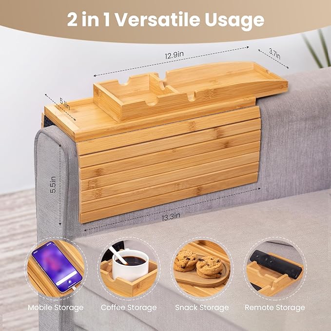 Bamboo Couch Arm Tray Table | 2-in-1 Detachable Sofa Tray with Slidable Cup Holder | 4.5 to 14 inches Wide Adjustable & Foldable Design with an Anti-Slip Surface for Drinks, Snacks, and Remote