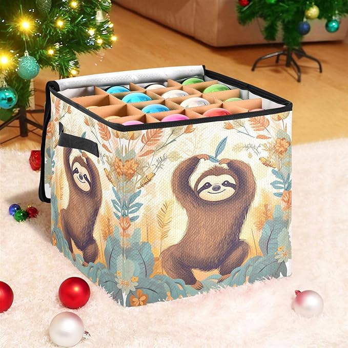 Kigai Sloth Christmas Ornament Storage Box with Zipper & Adjustable Dividers Holiday Ornament Organizer Xmas Storage Container, 64 Balls