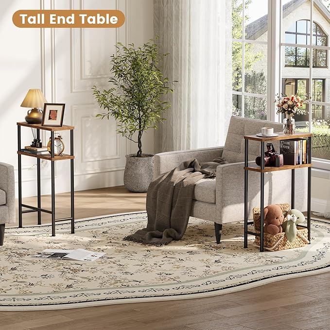 Asgolion Narrow Console Table, 15.7" Small Entryway Table, 2-Tier Sofa Table with Storage, Skinny Console Tables for Entryway, Hallway, Bedroom, Living Room, Foyer, Rustic Brown