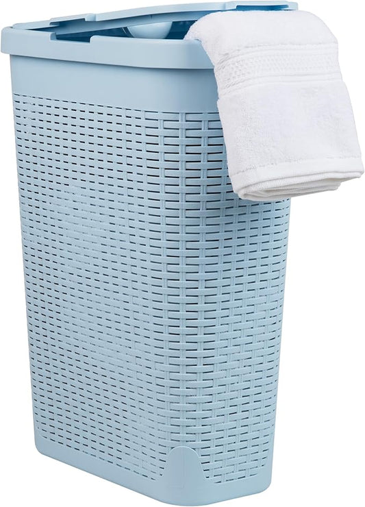 Mind Reader Slim Laundry Hamper with Lid, 40L Clothes Basket, Narrow Tapered Design with Ventilated Cutout Pattern, Plastic, Baby Blue