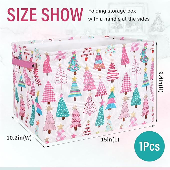 FYSUIMU 2 Pcs Christmas Storage Basket Pink Green Xmas Tree Storage Bins with Handles Rectangle Foldable Container Box for Home Office Nursery Laundry Shelf Closet Toy