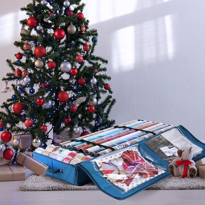 Hearth & Harbor Wrapping Paper Storage Container - Christmas Storage Bag with Interior Pockets - Gift Wrapping Organizer Storage Fits Up to 22 Rolls of 40" - Tear Proof Wrapping Paper Organizer