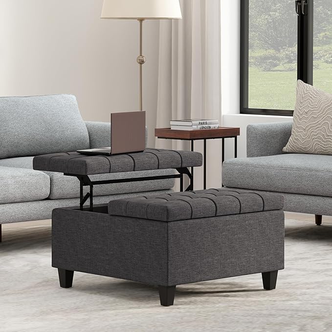 SIMPLIHOME Harrison Small Coffee Table Storage Ottoman - 30 inch Wide Upholstered Linen Look Fabric Square Lift-Top Ottoman in Slate Grey, Transitional Ottoman for Living Room with Hidden Storage
