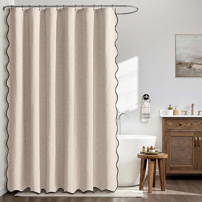 MIULEE Beige 84" Long Scalloped Shower Curtain Linen Textured with 12 Metal Hooks Cute Extra Long Heavy Duty Washable Waterproof Cloth Shower Curtains with Black Border for Bathroom Hotel Bathtub