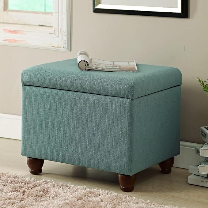 Homepop Home Decor | Upholstered MediumRectangular Storage Ottoman | Hinged Lid Ottoman with Storage for Living Room & Bedroom, Aqua Linen