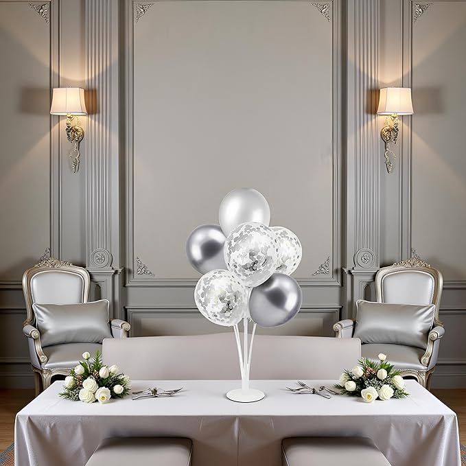 ZJDHPTY Silver Balloon Stand Centerpiece Table Decorations for 25th Wedding Anniversary Birthday Bridal Shower Father's Day Mother's Day Platinum Party Decorations(Silver gray set4)