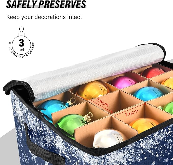 White Blue Snowflake Christmas Ornament Storage Basket Box Xmas Tree Winter Holiday Storage Container Cube with Adjustable Dividers for 64 Holiday Ornaments or Decorations Keeps Clean and Dry