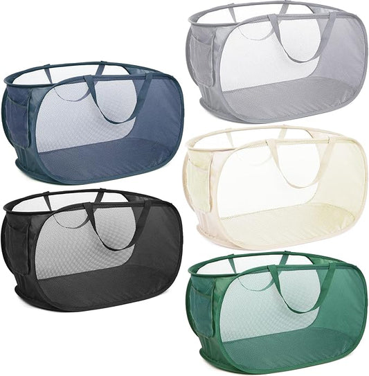 5 Pcs Durable Collapsible Laundry Baskets, Foldable Laundry Basket Large Opening, Pop Up Laundry Hamper with Pocket, Clothes Hamper with Handles for Laundry, Bathroom, Kids Room, Dorm or Trave