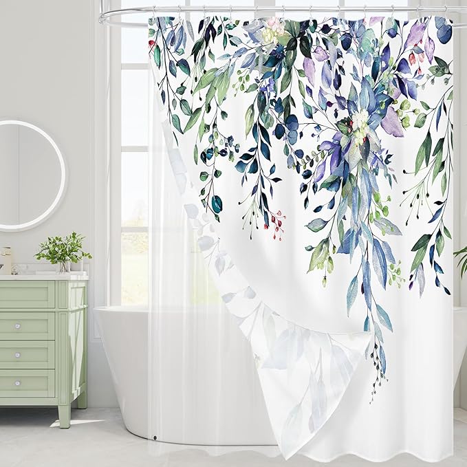 Gibelle 3 in 1 Shower Curtain Set, 72x72 Green Eucalyptus Bath Curtain and PEVA Liner Set with 12 Metal Hooks, Waterproof Fabric Bathroom Curtain